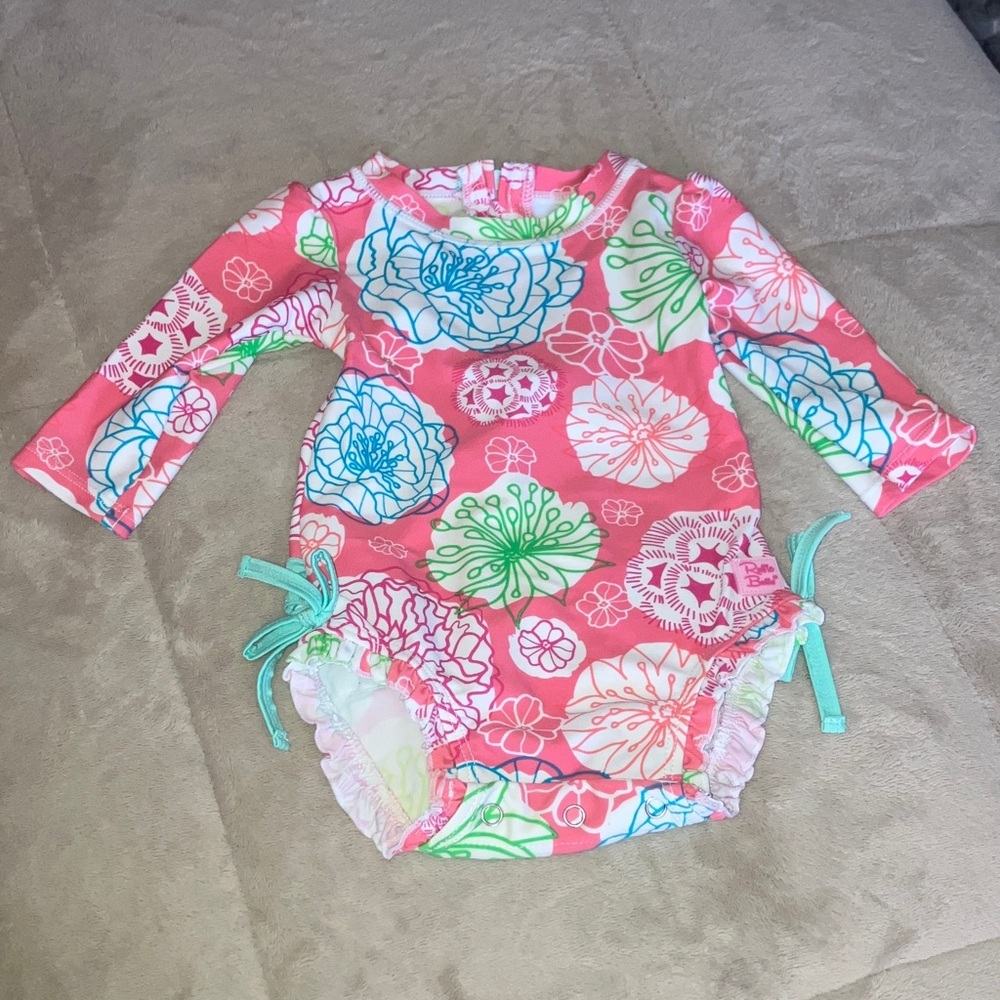 Ruffle Butts Pink Floral Kids Swim Rashguard Sz 12-18m